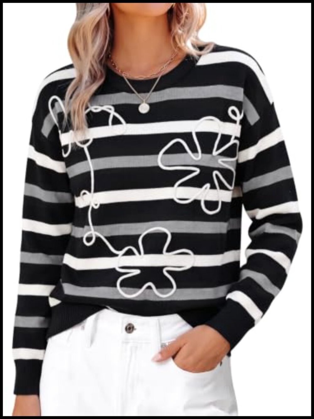 3D Floral Long Sleeve Crewneck Striped Pullover Sweater Viscose Blend